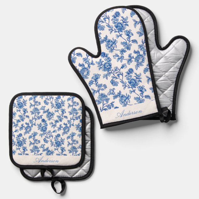 Blue and White Chinoiserie Custom Name Oven Mitt & Pot Holder Set (Front/Back)