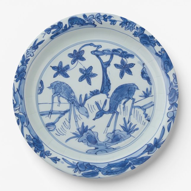 Blue and White Chinoiserie Deer Faux China Paper Plate (Front)