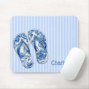 Blue and White Chinoiserie Flip Flops on Stripes Mouse Pad