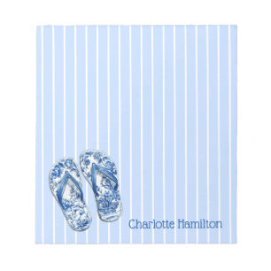 Blue and White Chinoiserie Flip Flops on Stripes Notepad