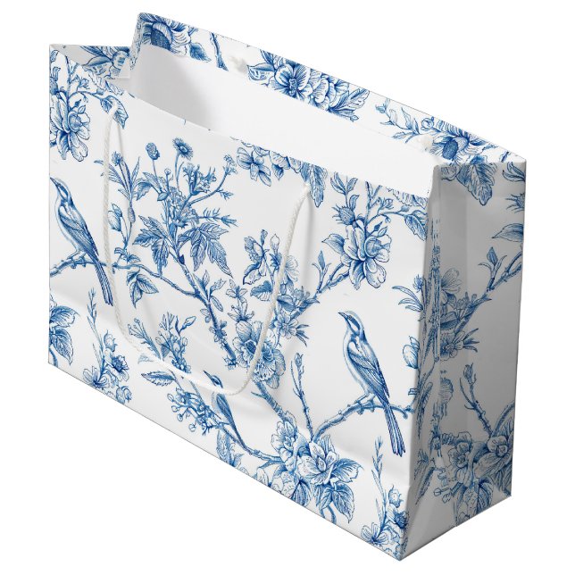 Blue and White Chinoiserie Floral Birds Large Gift Bag (Front Angled)