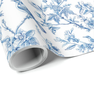 Blue and White Chinoiserie Floral Birds Wrapping Paper