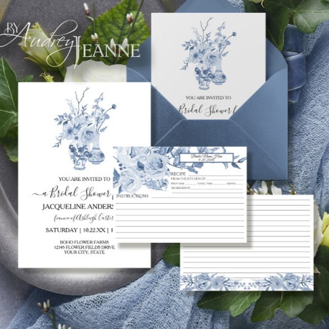 Blue and White Chinoiserie Floral Bridal Recipe Invitation (Creator Uploaded)