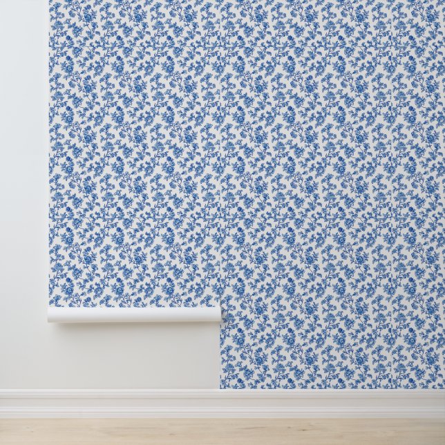 Blue and White Chinoiserie Floral  Wallpaper (Application)