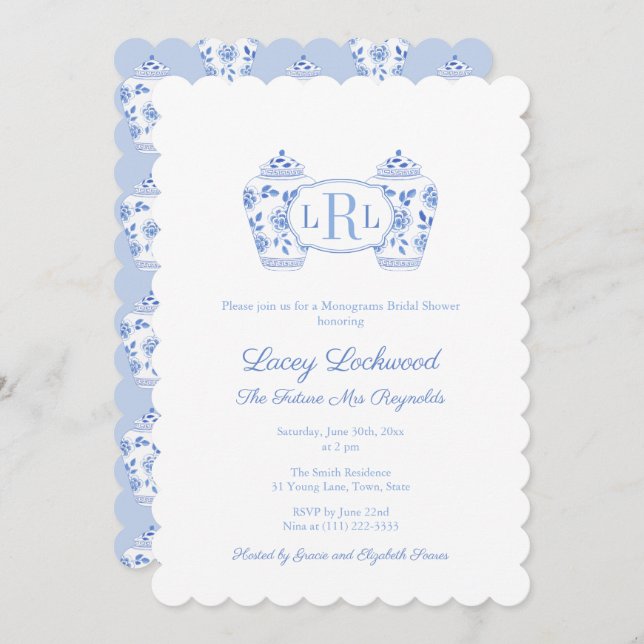 Blue And White Chinoiserie Monogram Bridal Shower Invitation (Front/Back)