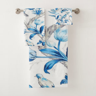 Blue and White Chinoiserie Oriental 3 Piece Luxury Bath Towel Set