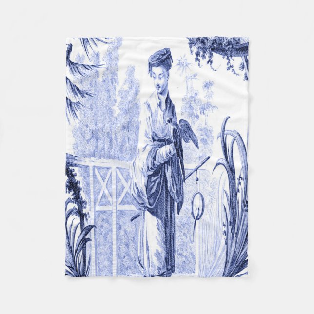 Blue and White Chinoiserie Oriental Fleece Blanket (Front)