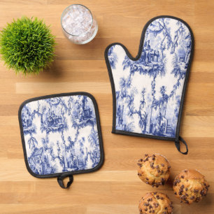 Blue and White Chinoiserie  Oven Mitt & Pot Holder Set