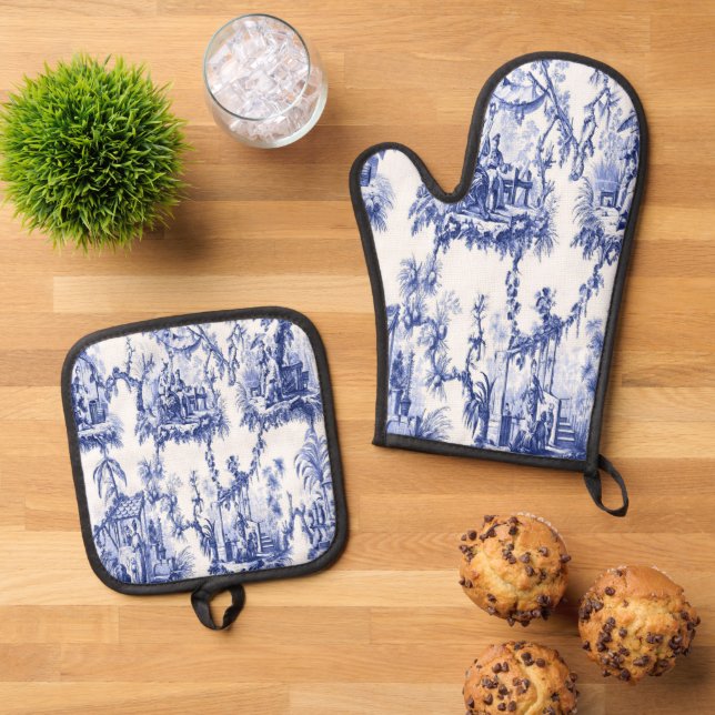 Blue and White Chinoiserie  Oven Mitt & Pot Holder Set (Top Down)