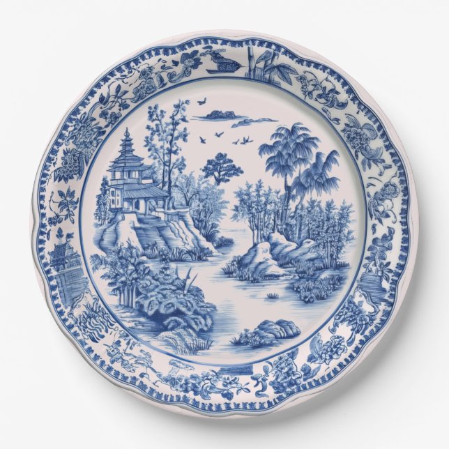 Blue and White Chinoiserie Pagoda Paper Plate (Front)