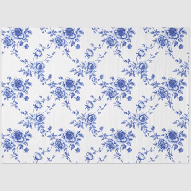 Blue and White Chinoiserie Rose Peony Tissue Paper (Front)