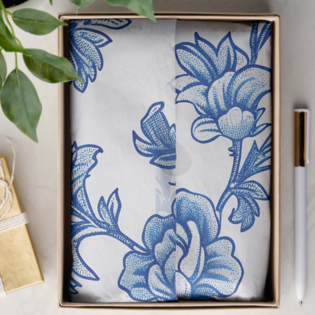 Blue and White Chinoiserie Rose Peony Tissue Paper (Creator Uploaded)