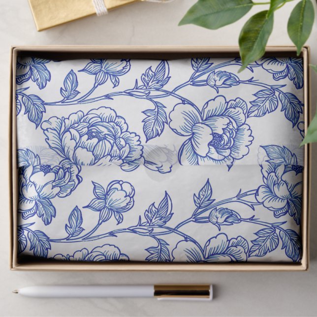 Blue and White Chinoiserie Rose Peony Tissue Paper (Creator Uploaded)