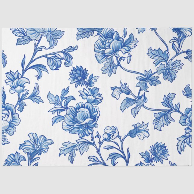 Blue and White Chinoiserie Rose Peony Tissue Paper (Front)