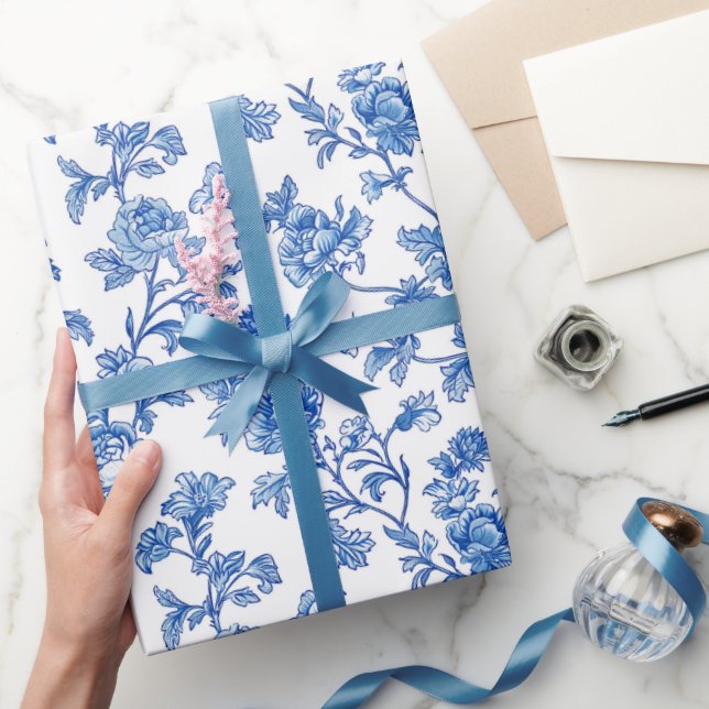 Blue and White Chinoiserie Rose Peony Wrapping Paper (Gifting)