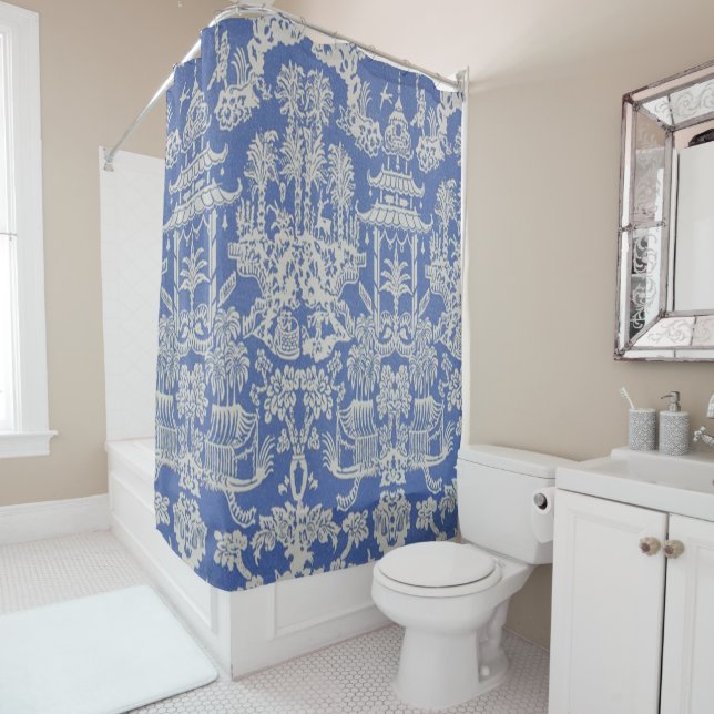 Blue and White Chinoiserie Shower Curtain (In Situ)