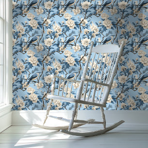 Blue and White Chinoiserie Style Floral Wallpaper