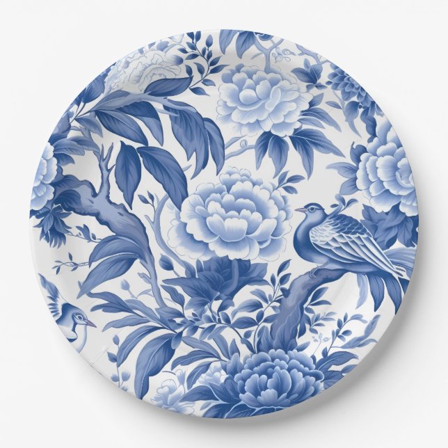 Blue and White Chinoiserie Tea Party Paper Plate (Front)