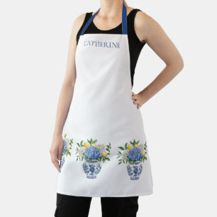 Blue and White Chinoiserie Vase With Hydrangeas Apron