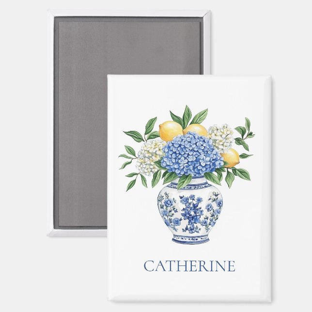 Blue and White Chinoiserie Vase With Hydrangeas Magnet (Front/Back)