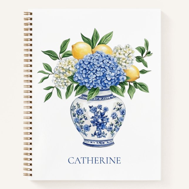 Blue and White Chinoiserie Vase With Hydrangeas Notebook (Front)