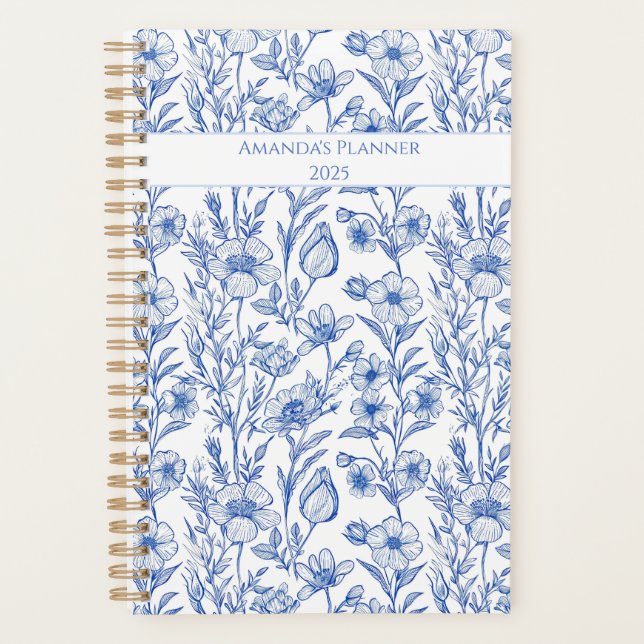 Blue and White Chinoiserie Wildflower Planner (Front)