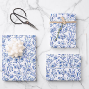Blue and White Chinoiserie Wildflower Wrapping Paper Sheet