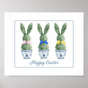Blue and White Chinoiserie With Rabbit Topiaries Poster