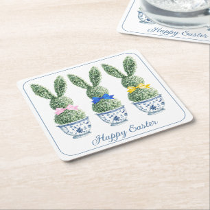 Blue and White Chinoiserie With Rabbit Topiaries Square Paper Coaster
