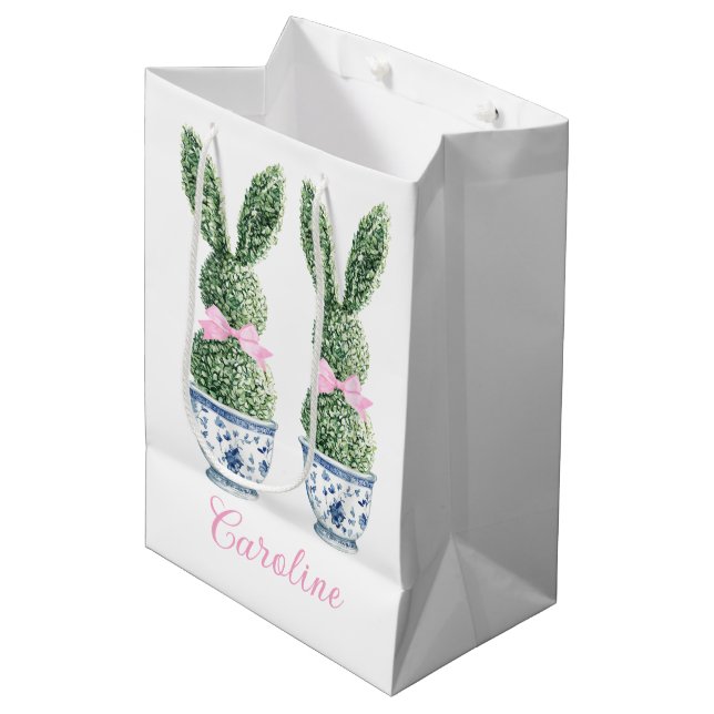 Blue and White Chinoiserie With Rabbit Topiary Medium Gift Bag (Front Angled)