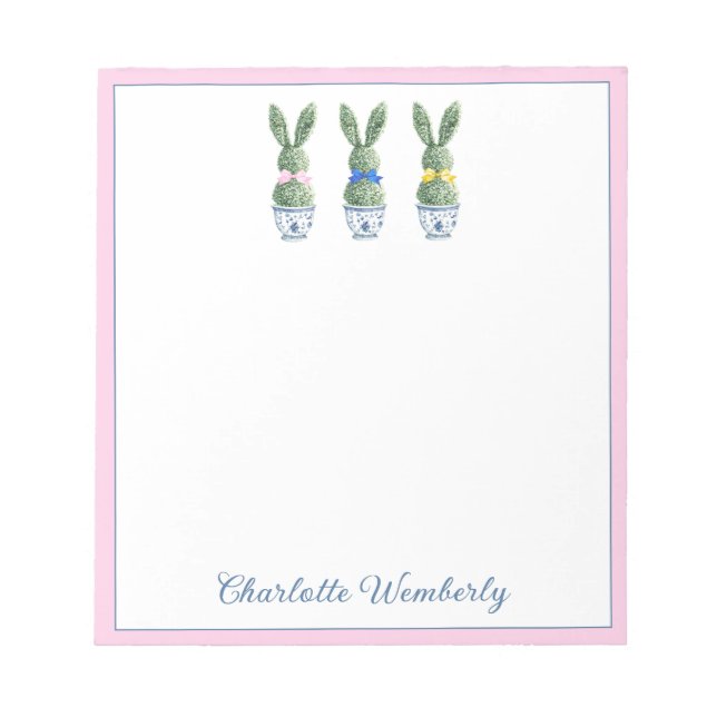 Blue and White Chinoiserie With Rabbits Topiary Notepad (Front)