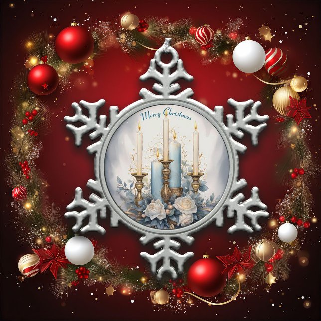 Blue and White Christmas Candle Snowflake Pewter Christmas Ornament (Creator Uploaded)