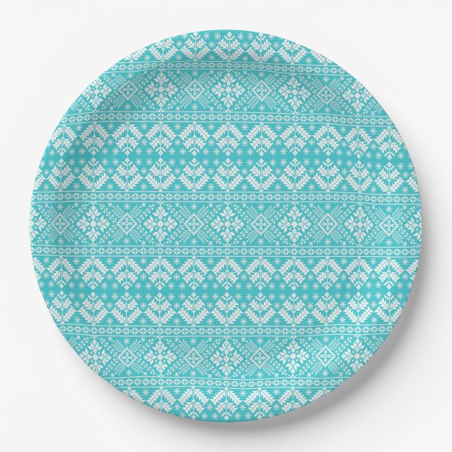 Blue and White Christmas Fair Isle Pattern Paper Plate (Front)