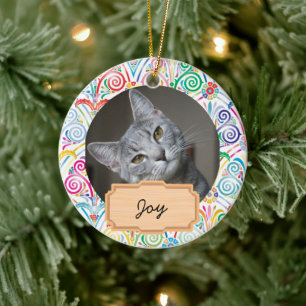 Blue and White christmas holiday Custom cat Photo  Ceramic Ornament