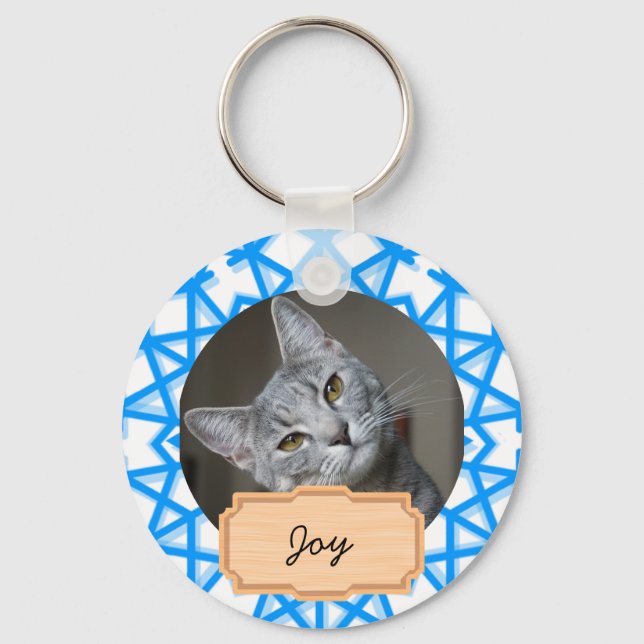 Blue and White christmas holiday Custom cat Photo  Key Ring (Front)