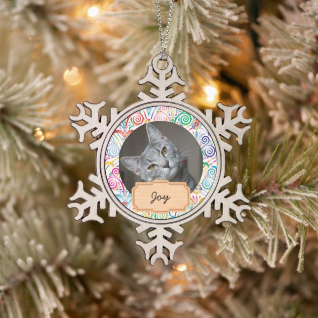 Blue and White christmas holiday Custom cat Photo  Snowflake Pewter Christmas Ornament (Tree)
