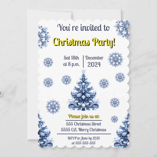 Blue and White Christmas  Invitation (Front)