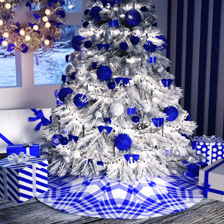 Blue and White Christmas Plaid Brushed Polyester Tree Skirt