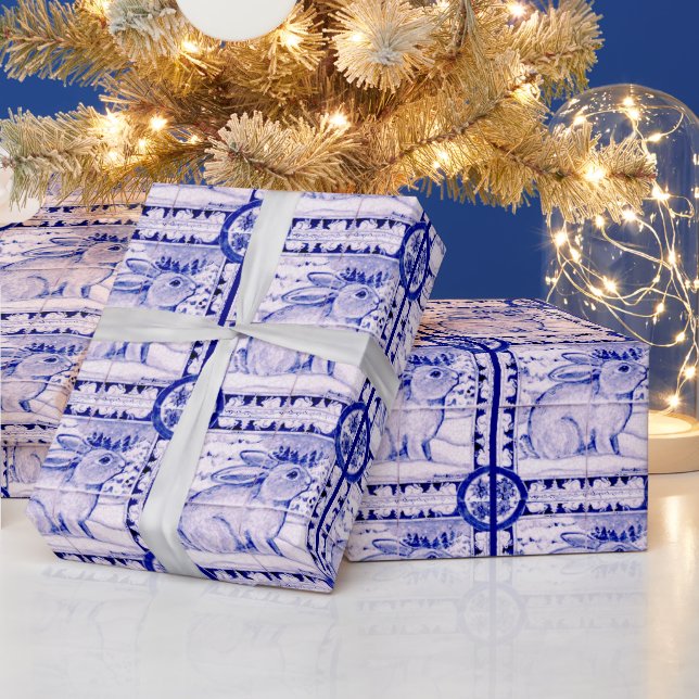 Blue and White Christmas Rabbit Wrapping Paper (Holidays)