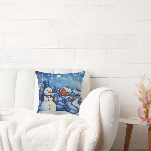 Blue and White Christmas Snowman Landscape Pillow (Couch)