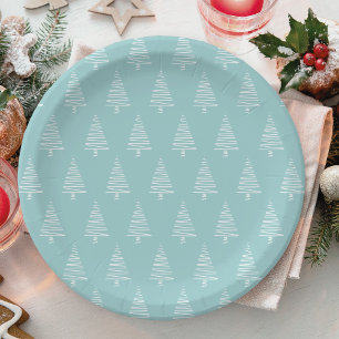 Blue And White Christmas Tree Pattern Holiday Paper Plate