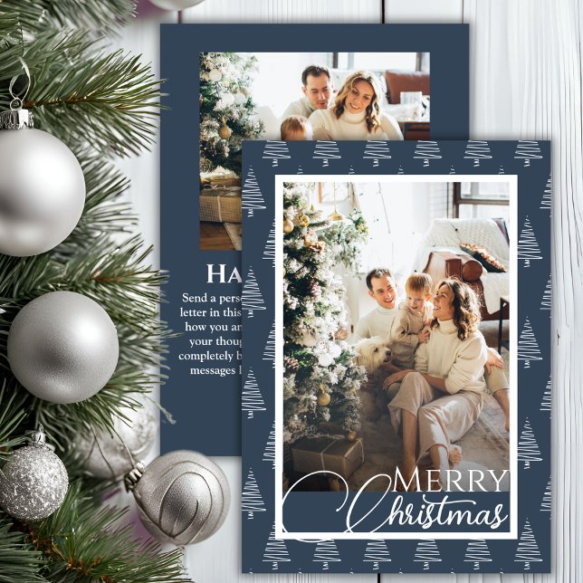 Blue And White Christmas Tree Pattern Photo Holiday Card (Blue And White Christmas Tree Pattern Photo Holiday Card)