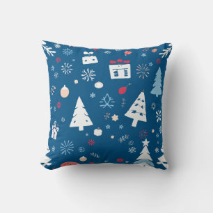 Blue and White Christmas Trees and Snowflakes Cushion