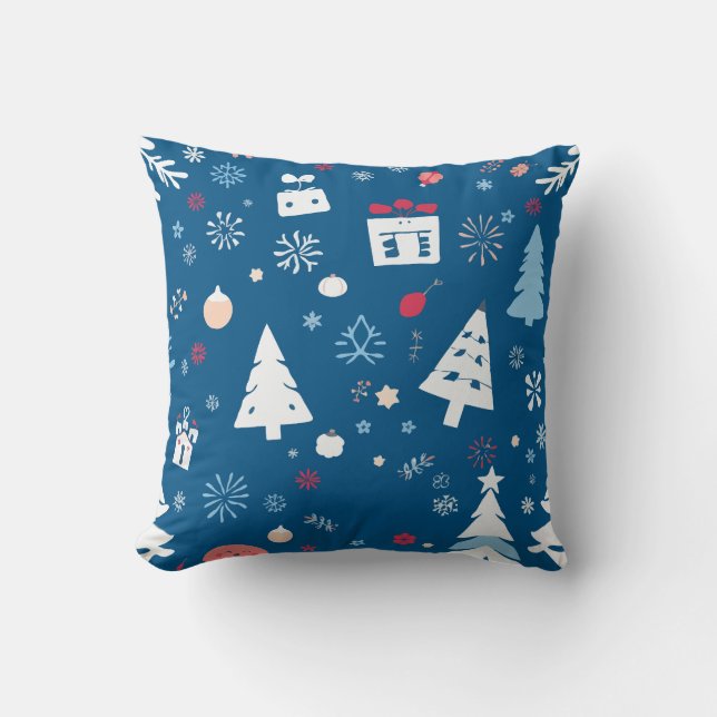 Blue and White Christmas Trees and Snowflakes Cushion (Front)