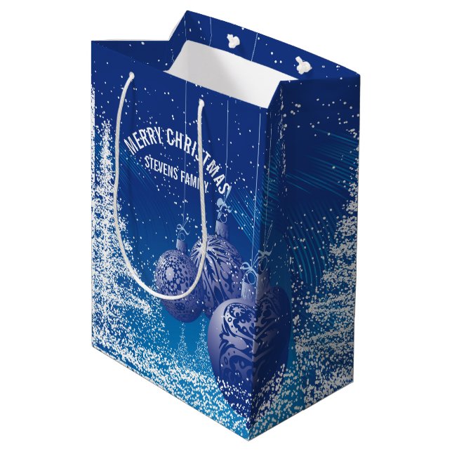 Blue And White Christmas Trees & Ornaments Medium Gift Bag (Back Angled)