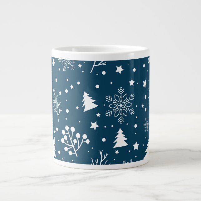 Blue and White Christmas Trees, Snowflakes Holiday Large Coffee Mug (Front)