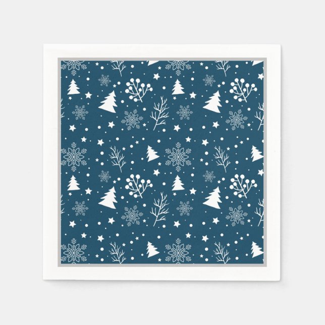 Blue and White Christmas Trees, Snowflakes Holiday Napkin (Front)