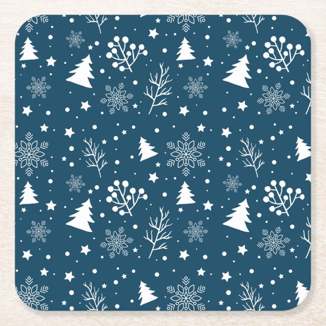 Blue and White Christmas Trees, Snowflakes Holiday Square Paper Coaster (Front)