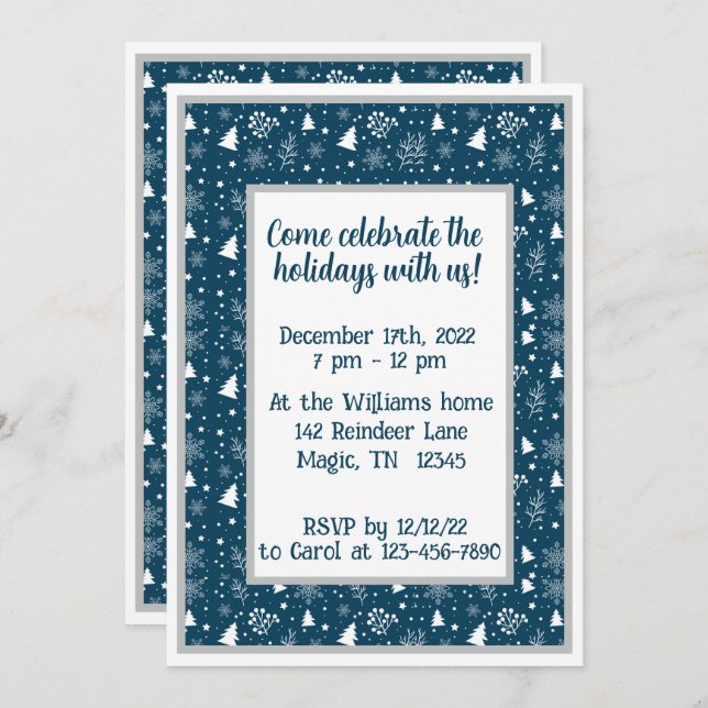 Blue and White Christmas Trees, Snowflakes Party  Invitation (Front/Back)