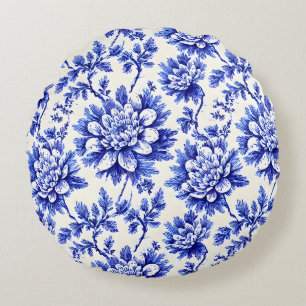 Blue and White Chrysanthemum French Country Decor Round Cushion